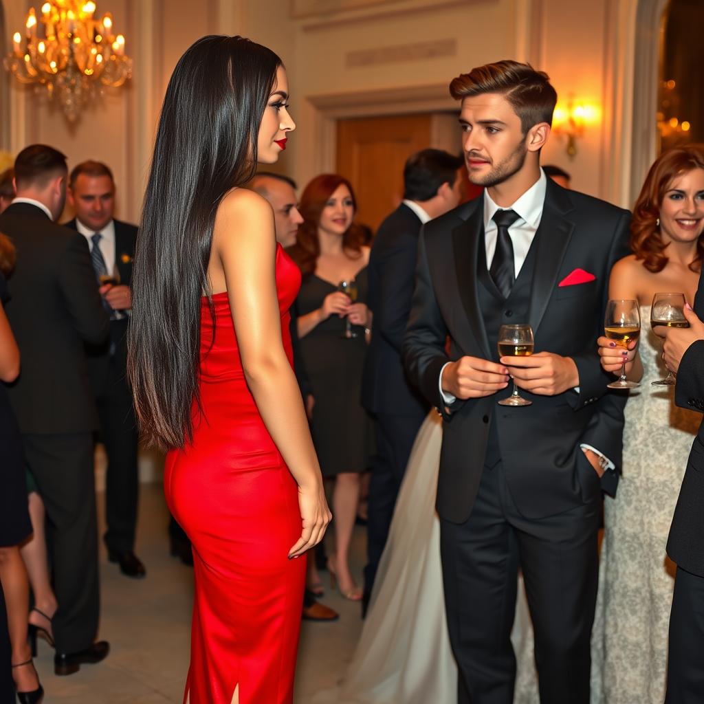 A tall model-like woman with fair skin and long, sleek black hair that is subtly wavy, wearing a form-fitting red dress and black heels, her deep, dark eyes engaged in conversation with a woman with wavy red hair, dressed as a bride