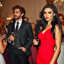 A tall model-like woman with fair skin and long, sleek black hair that is subtly wavy, wearing a form-fitting red dress and black heels, her deep, dark eyes engaged in conversation with a woman with wavy red hair, dressed as a bride