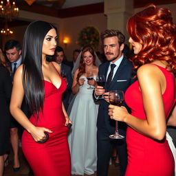 A tall model-like woman with fair skin and long, sleek black hair that is subtly wavy, wearing a form-fitting red dress and black heels, her deep, dark eyes engaged in conversation with a woman with wavy red hair, dressed as a bride