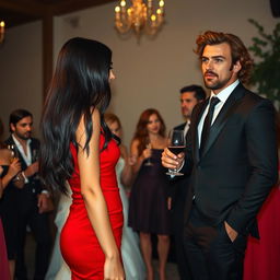 A tall model-like woman with fair skin and long, sleek black hair that is subtly wavy, wearing a form-fitting red dress and black heels, her deep, dark eyes engaged in conversation with a woman with wavy red hair, dressed as a bride