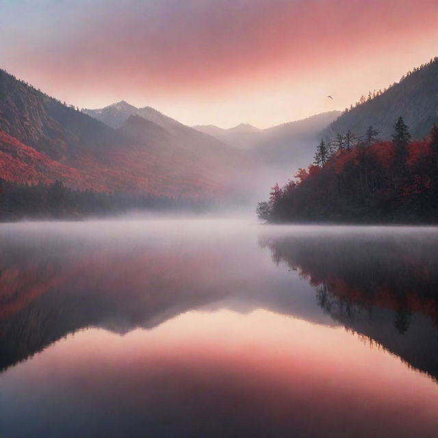 A stunning sunrise over a serene mountain lake, with mist rolling off the water's surface and birds flying in the crimson sky.