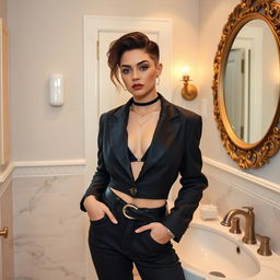 A confident and stylish transgender person in a serene bathroom setting, showcasing their fashion-forward outfit and unique beauty