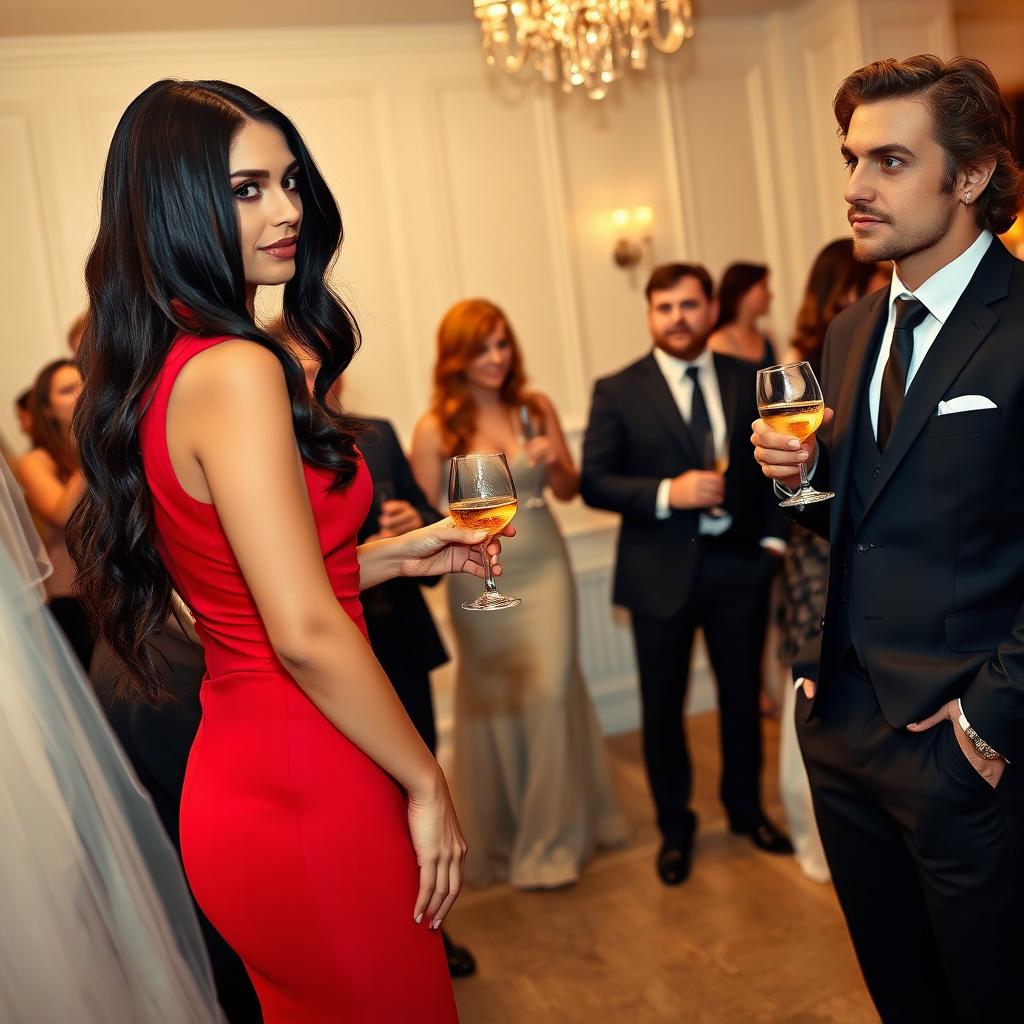 A tall model-like woman with fair skin and long, sleek black wavy hair, wearing a form-fitting red dress and black heels, her deep, dark eyes engaged in a lively conversation with a woman with wavy red hair dressed as a bride