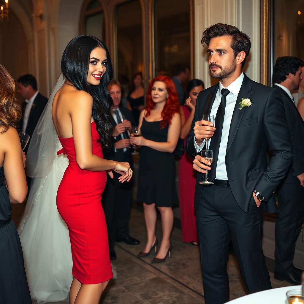 A tall model-like woman with fair skin and long, sleek black wavy hair, wearing a form-fitting red dress and black heels, her deep, dark eyes engaged in a lively conversation with a woman with wavy red hair dressed as a bride