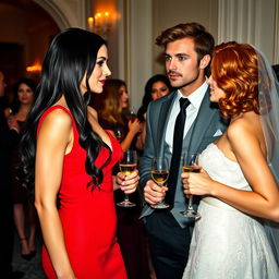 A tall model-like woman with fair skin and long, sleek black wavy hair, wearing a form-fitting red dress and black heels, her deep, dark eyes engaged in a lively conversation with a woman with wavy red hair dressed as a bride