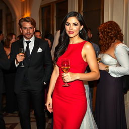 A tall model-like woman with fair skin and long, sleek black wavy hair, wearing a form-fitting red dress and black heels, her deep, dark eyes engaged in a lively conversation with a woman with wavy red hair dressed as a bride