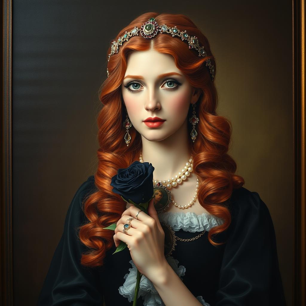 a portrait of a woman with copper red, long and wavy hair, in a Victorian style