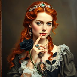 a portrait of a woman with copper red, long and wavy hair, in a Victorian style