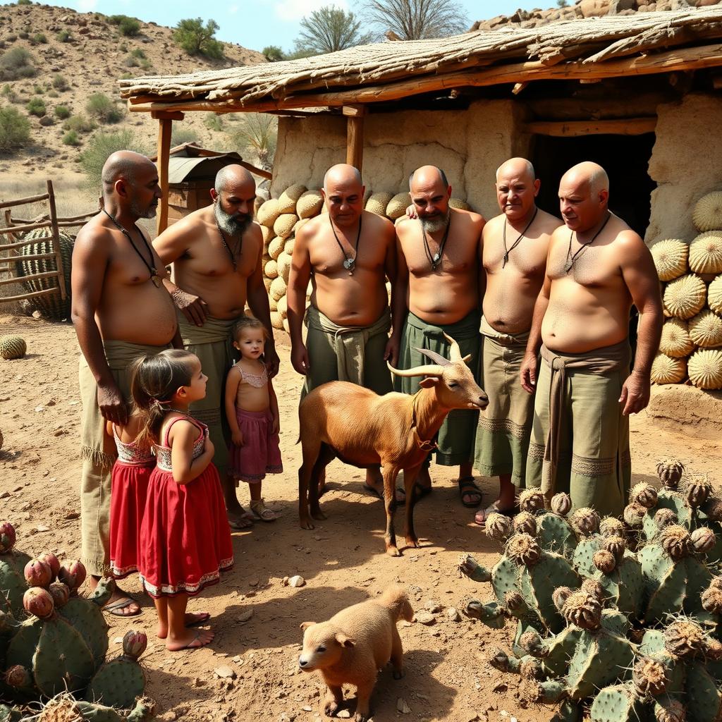 A group of shirtless, beardless, bald men wearing alpargatas standing in a rustic corral, preparing to sacrifice a goat