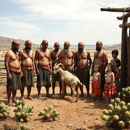 A group of shirtless, beardless, bald men wearing alpargatas standing in a rustic corral, preparing to sacrifice a goat