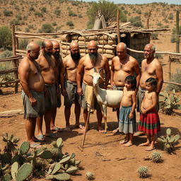 A group of shirtless, beardless, bald men wearing alpargatas standing in a rustic corral, preparing to sacrifice a goat