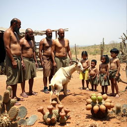 A group of shirtless, beardless, bald men wearing alpargatas standing in a rustic corral, preparing to sacrifice a goat