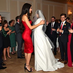 A tall model-like woman with fair skin and long, black, smooth wavy hair, wearing black high heels and a tight red dress