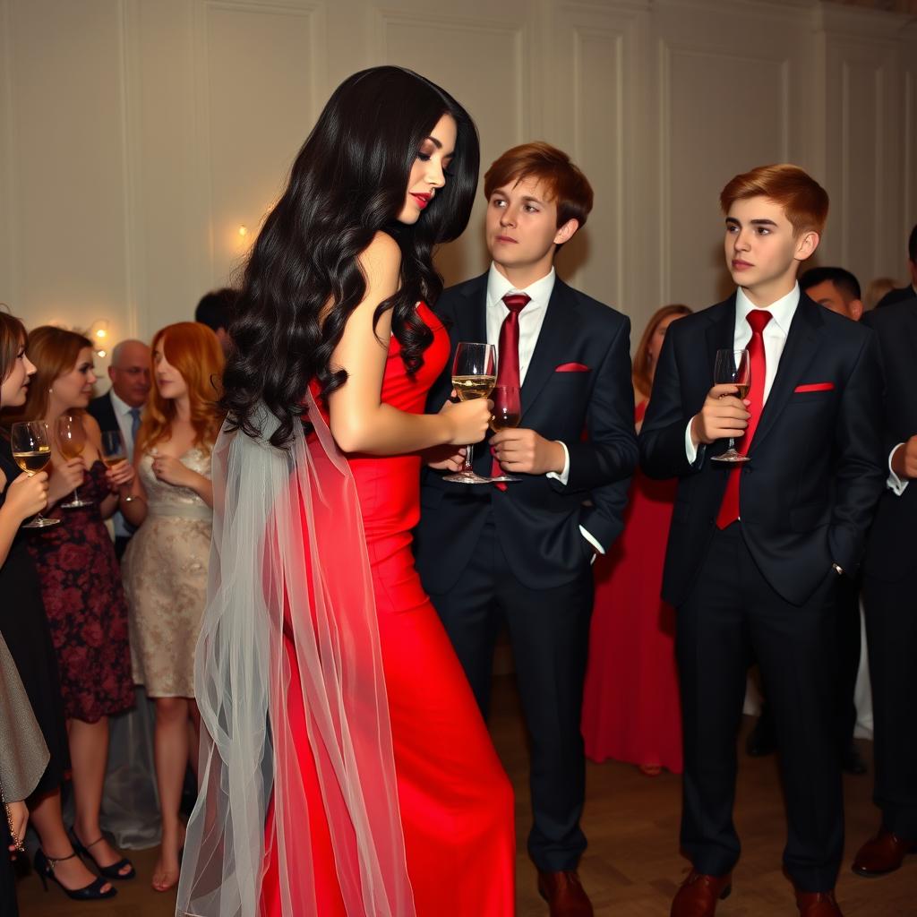 A tall model-like woman with fair skin and long, black, smooth wavy hair, wearing black high heels and a tight red dress