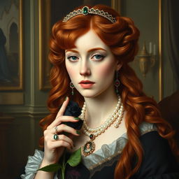 a portrait of a woman with copper red, long and wavy hair, in Victorian style