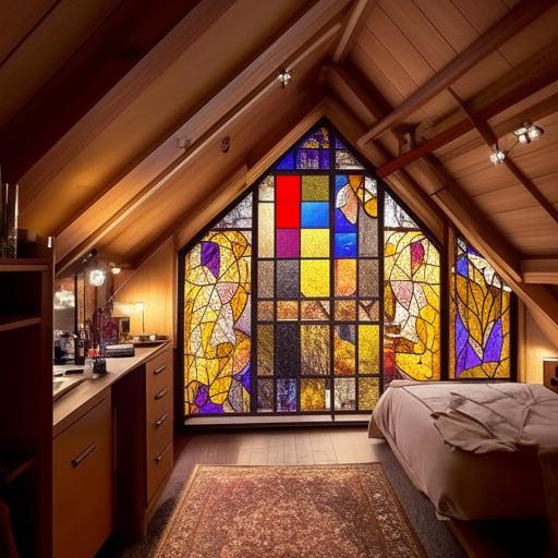 A cozy half-slanted loft room featuring stained glass windows, a soft carpet, dim yet inviting lighting, quality wooden closets and shelves laden with clothes, decor reflecting the passions of a coffee-loving, autumn-enthused young woman, a bed inviting comfort and a gem-embedded light dressing table.