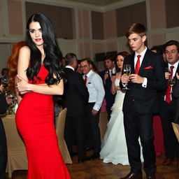 A tall model-like woman with fair skin and long, black, smooth wavy hair, wearing black high heels and a tight red dress, with dark black eyes