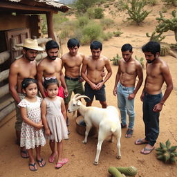 Group of young men in a rustic corral, some are shirtless, with short hair, no hats, beardless