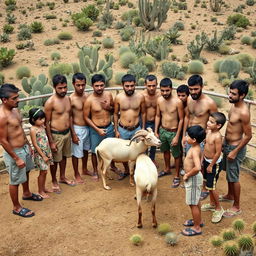 Group of young men in a rustic corral, some are shirtless, with short hair, no hats, beardless