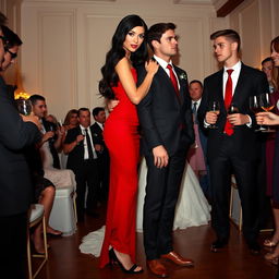 A tall, model-like woman with fair skin and long, black, smooth wavy hair, wearing black high heels and a tight red dress, with dark black eyes