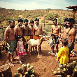 Group of young men in a rustic corral, some are shirtless, with short hair, no hats, beardless