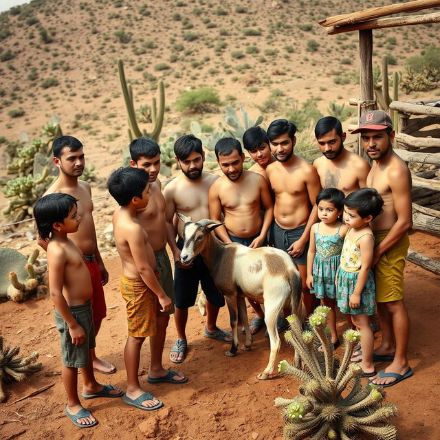 Group of young men in a rustic corral, some are shirtless, with short hair, no hats, beardless