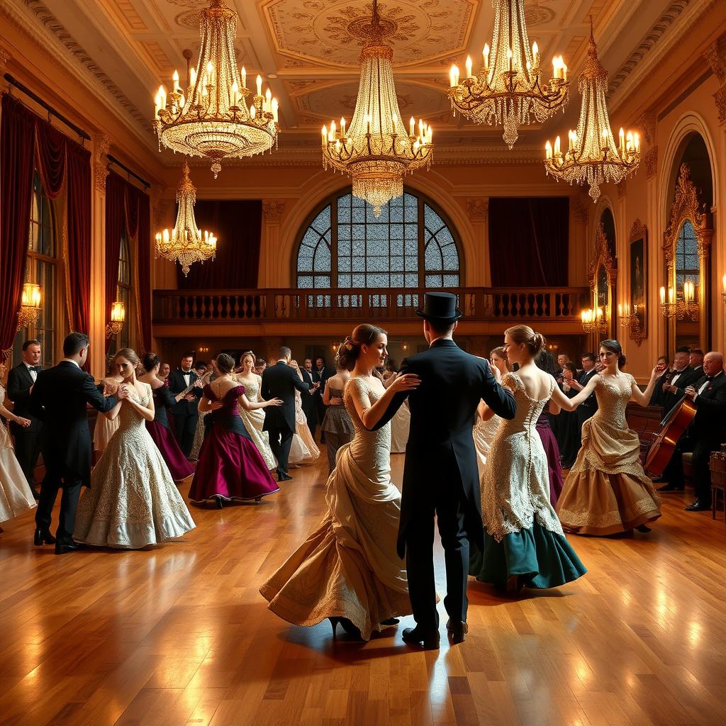 A grand Victorian dance hall with elegantly dressed couples waltzing on a polished wooden floor