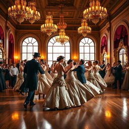 A grand Victorian dance hall with elegantly dressed couples waltzing on a polished wooden floor