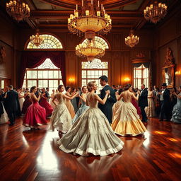 A grand Victorian dance hall with elegantly dressed couples waltzing on a polished wooden floor