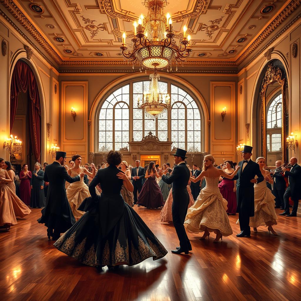 A grand Victorian dance hall with elegantly dressed couples waltzing on a polished wooden floor