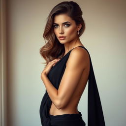 A beautiful and alluring woman wearing a black toga, posing confidently with a sense of elegance and mystery