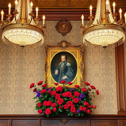 A detailed section of a Victorian dance hall wall featuring an ornate portrait placed between two elegant chandeliers