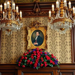 A detailed section of a Victorian dance hall wall featuring an ornate portrait placed between two elegant chandeliers