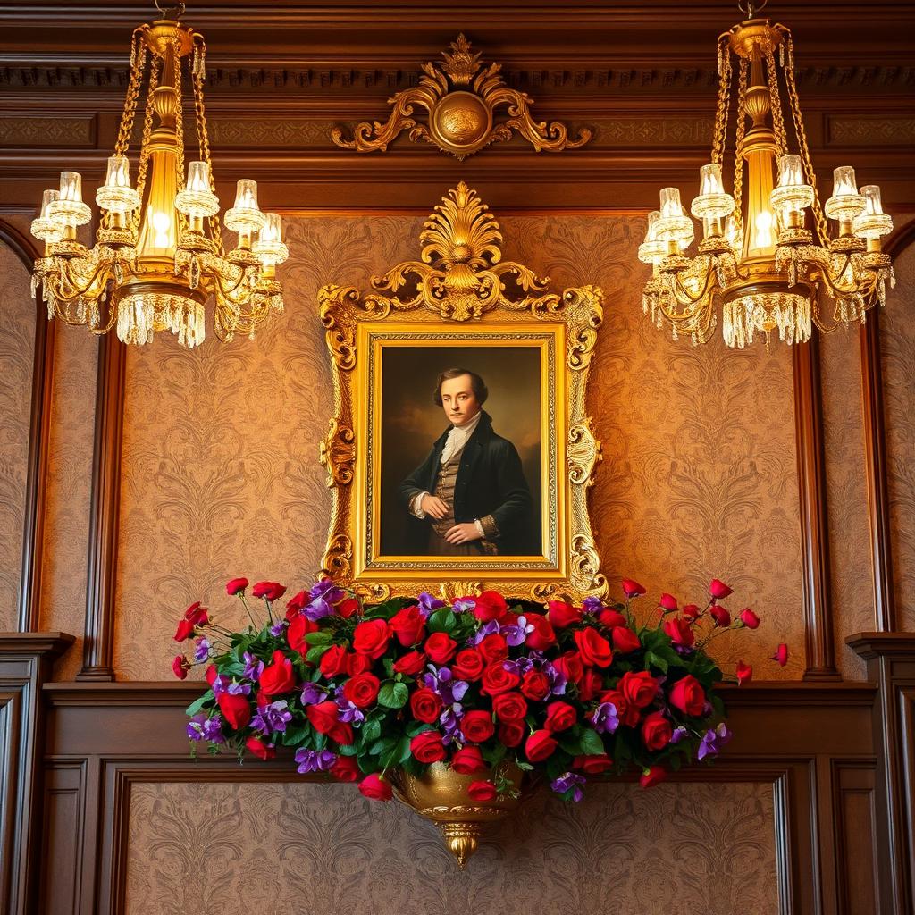 A detailed section of a Victorian dance hall wall featuring an ornate portrait placed between two elegant chandeliers