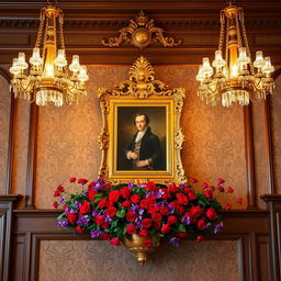 A detailed section of a Victorian dance hall wall featuring an ornate portrait placed between two elegant chandeliers