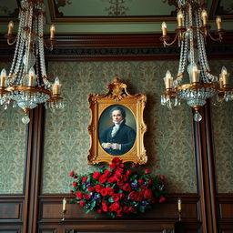 A detailed section of a Victorian dance hall wall featuring an ornate portrait placed between two elegant chandeliers