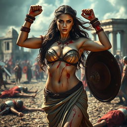 A fierce and sexy Roman woman stands triumphant, her body glistening with blood after a victorious battle against Roman soldiers