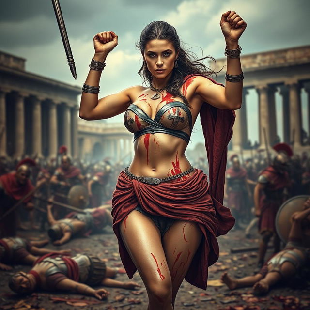 A fierce and sexy Roman woman stands triumphant, her body glistening with blood after a victorious battle against Roman soldiers