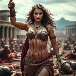 A fierce and sexy Roman woman stands triumphant, her body glistening with blood after a victorious battle against Roman soldiers