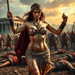 A fierce and sexy Roman woman stands triumphant, her body glistening with blood after a victorious battle against Roman soldiers