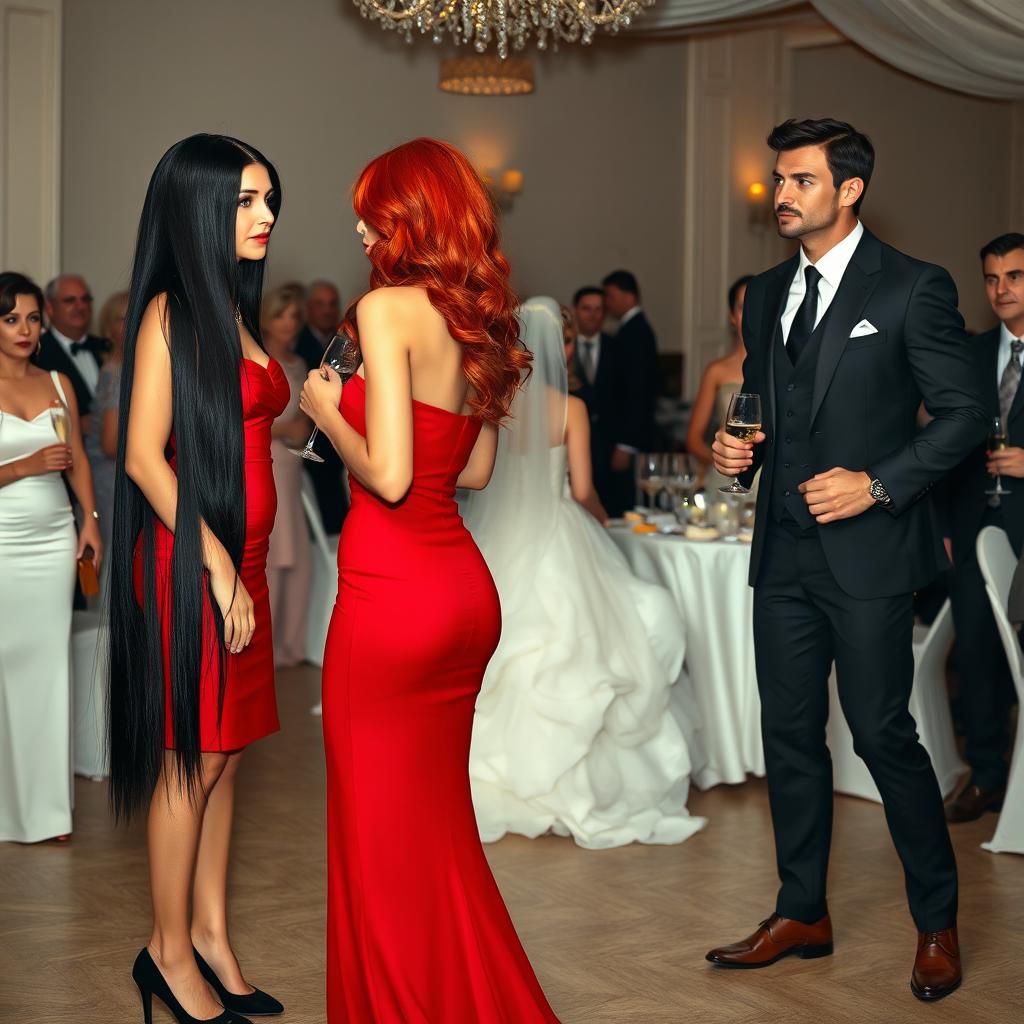 A tall model-like woman with fair skin and long black hair that is straight with a wave, wearing black heels and a tight red dress, with deep dark black eyes