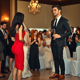 A tall model-like woman with fair skin and long black hair that is straight with a wave, wearing black heels and a tight red dress, with deep dark black eyes