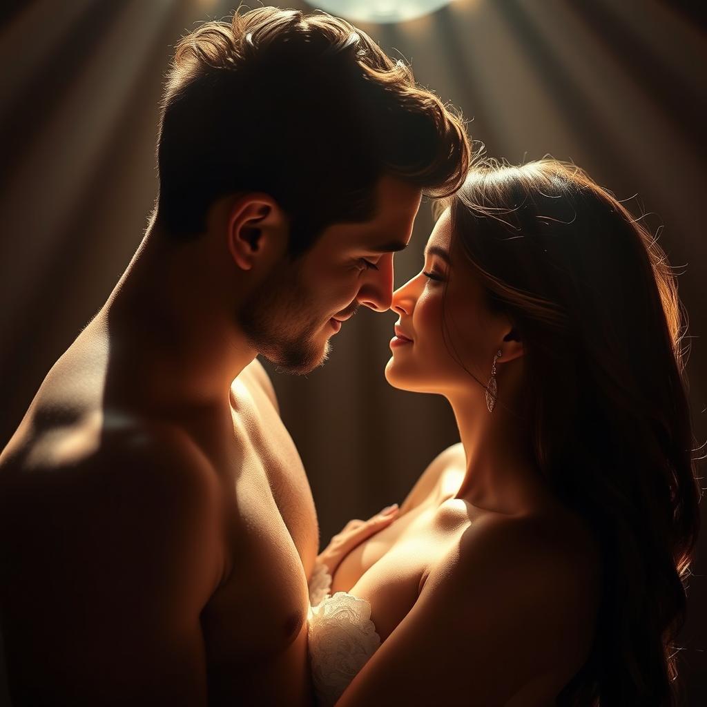 A sensual and intimate moment between a couple, bathed in soft, warm, romantic light, emphasizing their connection and deep emotion, surrounded by gentle textures and subtle shadows, evoking a sense of love and passion