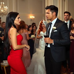 A tall model-like woman with fair skin and long black hair that is straight with a wave, wearing black heels and a tight red dress, with deep dark black eyes