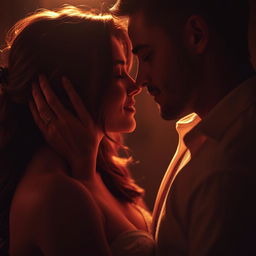 A sensual and intimate moment between a couple, bathed in soft, warm, romantic light, emphasizing their connection and deep emotion, surrounded by gentle textures and subtle shadows, evoking a sense of love and passion