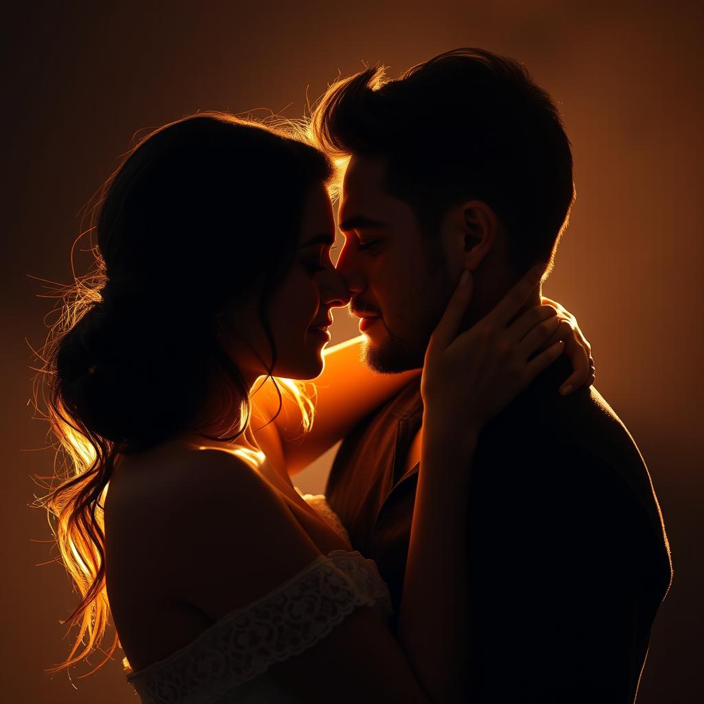 A sensual and intimate moment between a couple, bathed in soft, warm, romantic light, emphasizing their connection and deep emotion, surrounded by gentle textures and subtle shadows, evoking a sense of love and passion