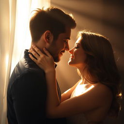 A sensual and intimate moment between a couple, bathed in soft, warm, romantic light, emphasizing their connection and deep emotion, surrounded by gentle textures and subtle shadows, evoking a sense of love and passion