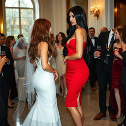 A tall model-like woman with fair skin and long black hair that is straight with a wave, wearing black heels and a tight red dress, with deep dark black eyes, conversing with a woman with wavy red hair in a bridal gown