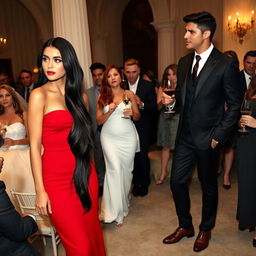 A tall model-like woman with fair skin and long black hair that is straight with a wave, wearing black heels and a tight red dress, with deep dark black eyes, conversing with a woman with wavy red hair in a bridal gown