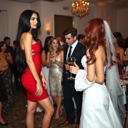 A tall model-like woman with fair skin and long black hair that is straight with a wave, wearing black heels and a tight red dress, with deep dark black eyes, conversing with a woman with wavy red hair in a bridal gown